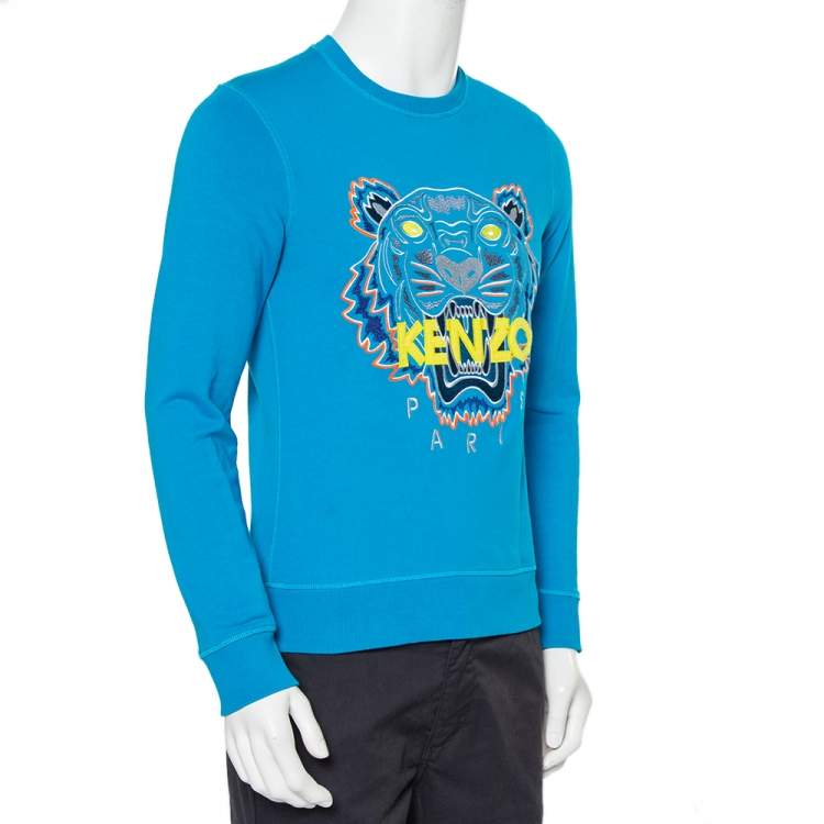 Pre Owned Kenzo Blue Tiger Embroidered Cotton Crewneck Sweatshirt S