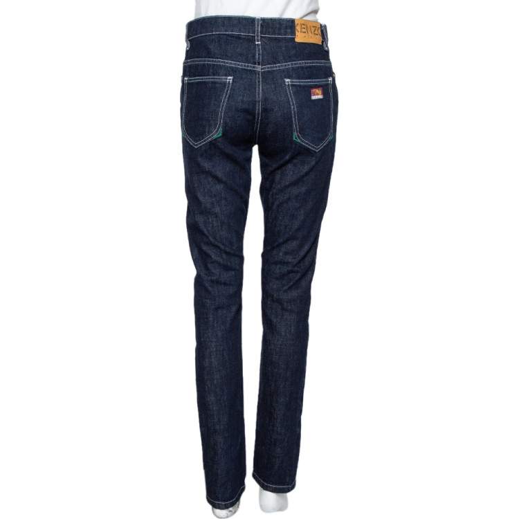 Pre Owned Kenzo Navy Blue Denim Contrast Detail Tapered Leg Jeans S