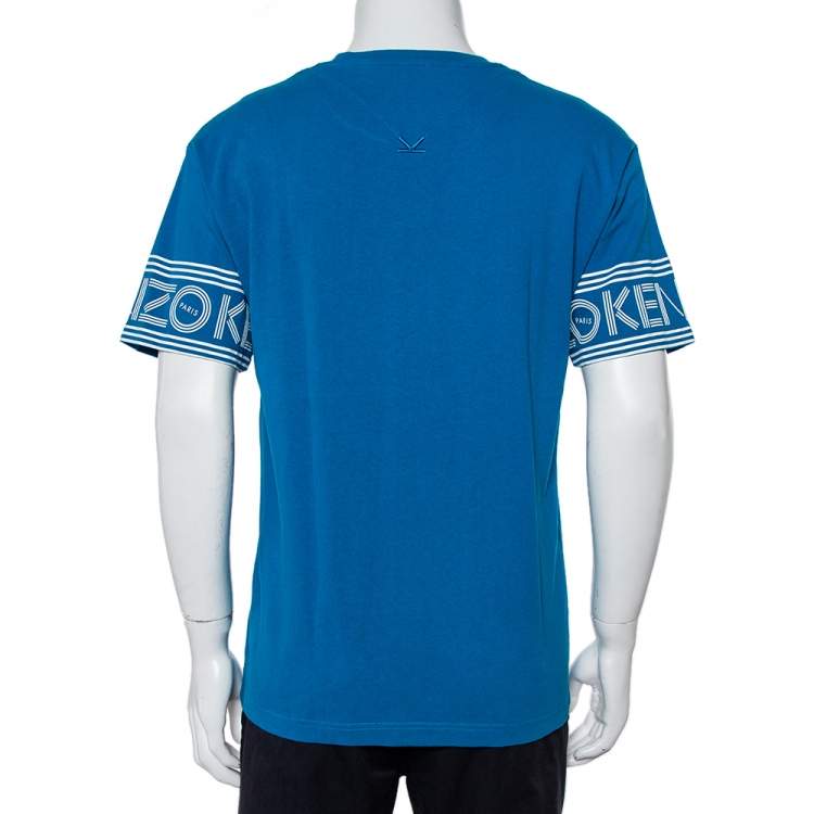 Pre Owned Kenzo Blue Cotton Logo Print Detail Crewneck T-Shirts L