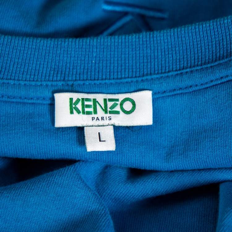 Pre Owned Kenzo Blue Cotton Logo Print Detail Crewneck T-Shirts L