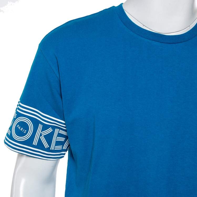 Pre Owned Kenzo Blue Cotton Logo Print Detail Crewneck T-Shirts L