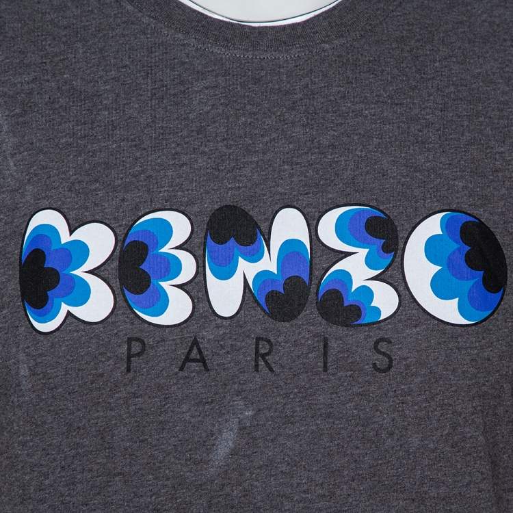 Pre Owned Kenzo Grey Popcorn Logo Printed Cotton Crewneck T-Shirt L
