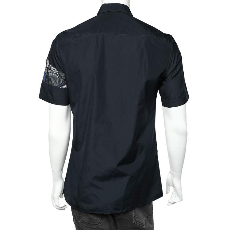 مملوكة مسبقًا Kenzo Navy Blue Cotton Contrast Patch Detail Short Sleeve Slim Fit Shirt M