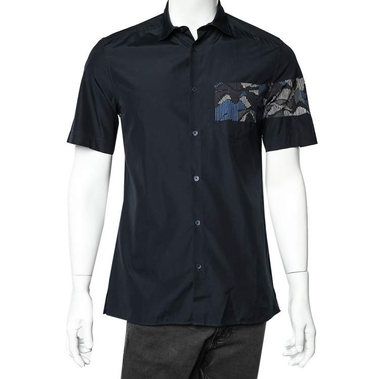 مملوكة مسبقًا Kenzo Navy Blue Cotton Contrast Patch Detail Short Sleeve Slim Fit Shirt M