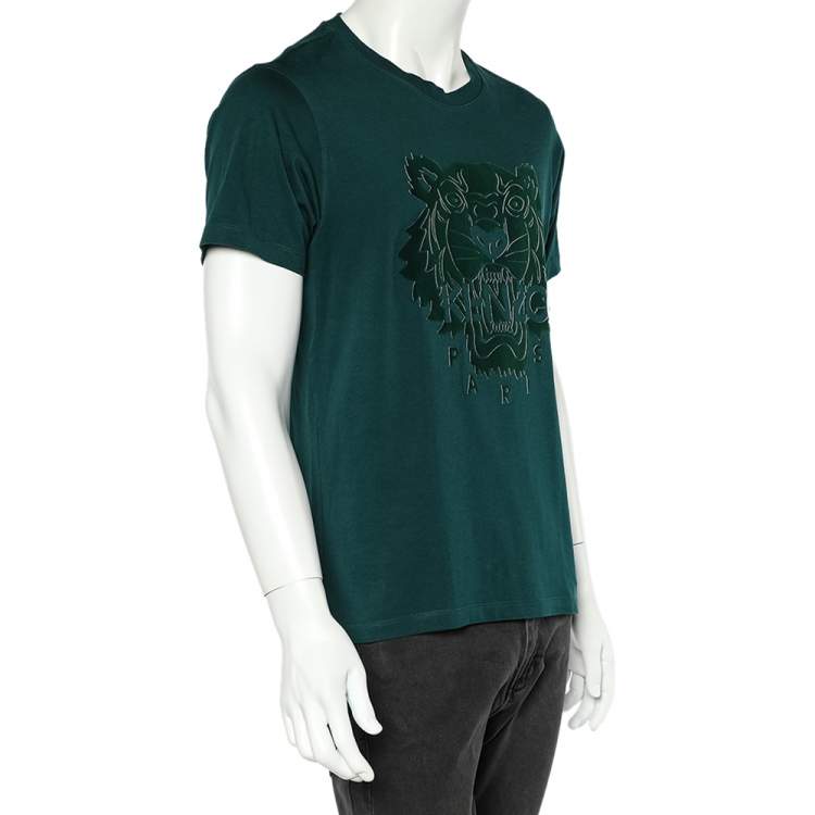 Pre Owned Kenzo Green Cotton Flocked Tiger Detail Crewneck T-Shirt L