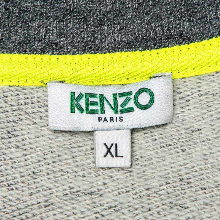 Pre Owned Kenzo Grey Cotton Knit Tiger Logo Patch Detail Zip Front Sweatshirt XL