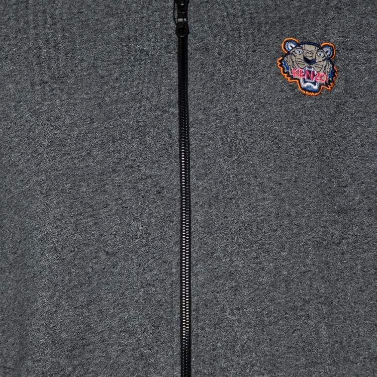 Pre Owned Kenzo Grey Cotton Knit Tiger Logo Patch Detail Zip Front Sweatshirt XL