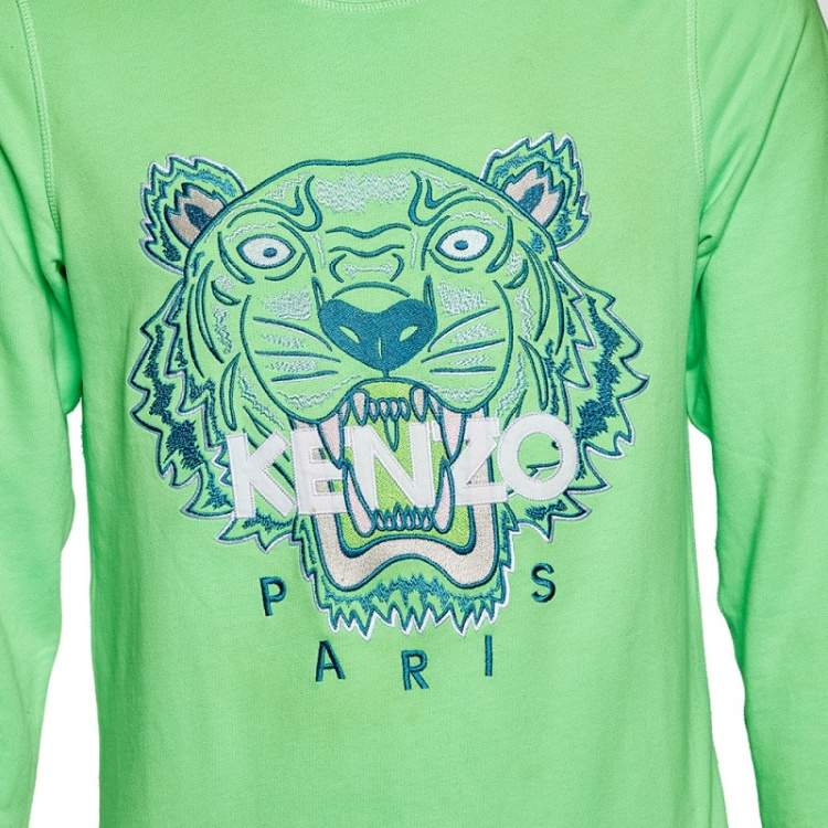 Pre Owned Kenzo Neon Green Tiger Embroidered Cotton Knit Sweatshirt M