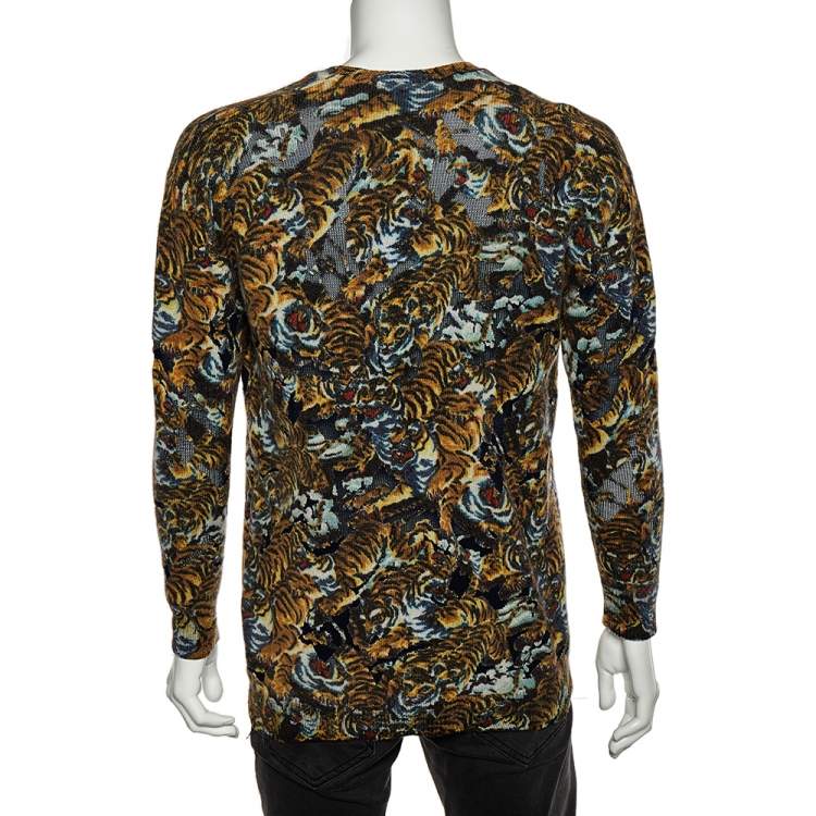 Pre Owned Kenzo Multicolor Perforated Knit Flying Tiger Flocked V-Neck Jumper S