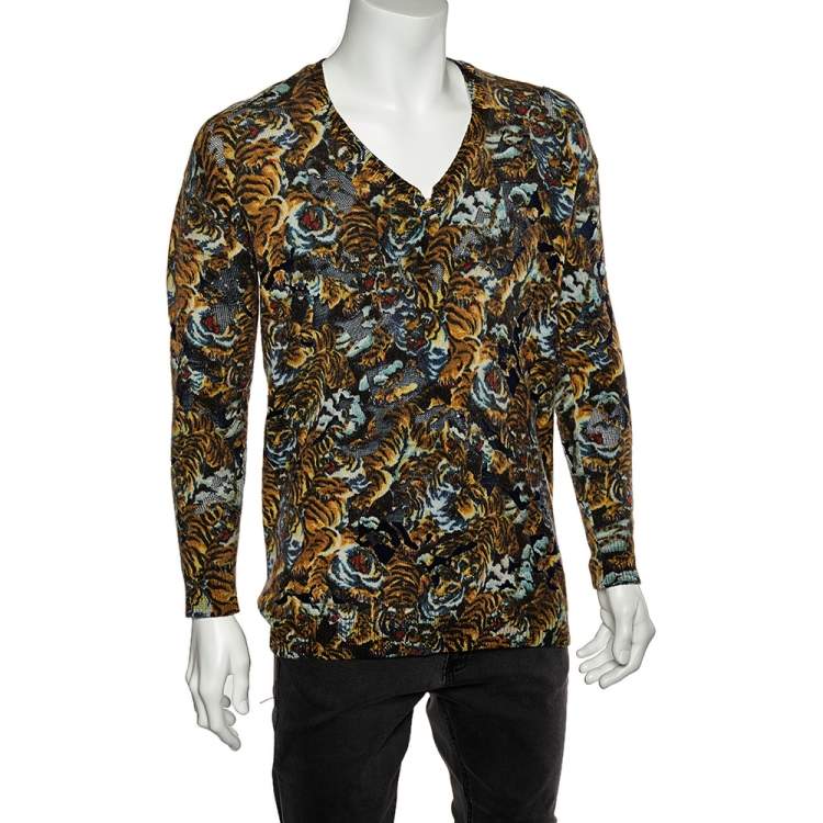 Pre Owned Kenzo Multicolor Perforated Knit Flying Tiger Flocked V-Neck Jumper S