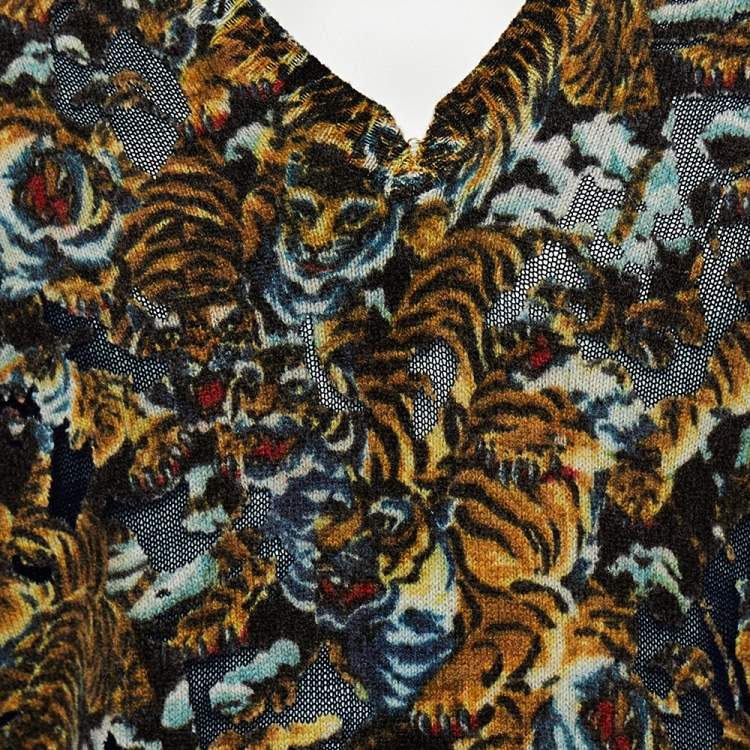 Pre Owned Kenzo Multicolor Perforated Knit Flying Tiger Flocked V-Neck Jumper S
