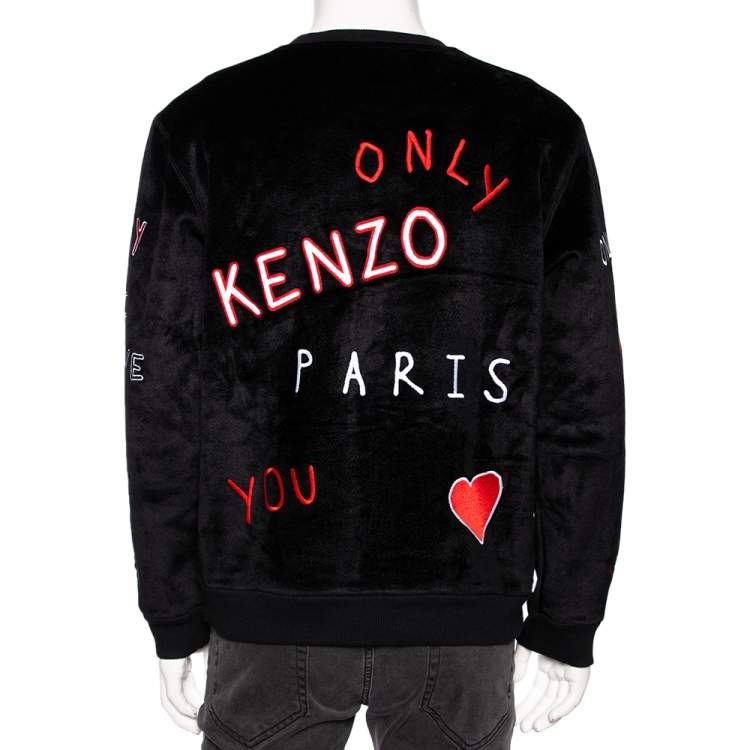 Pre Owned Kenzo Black Velour Number One Fan Embroidered Crewneck Sweatshirt M