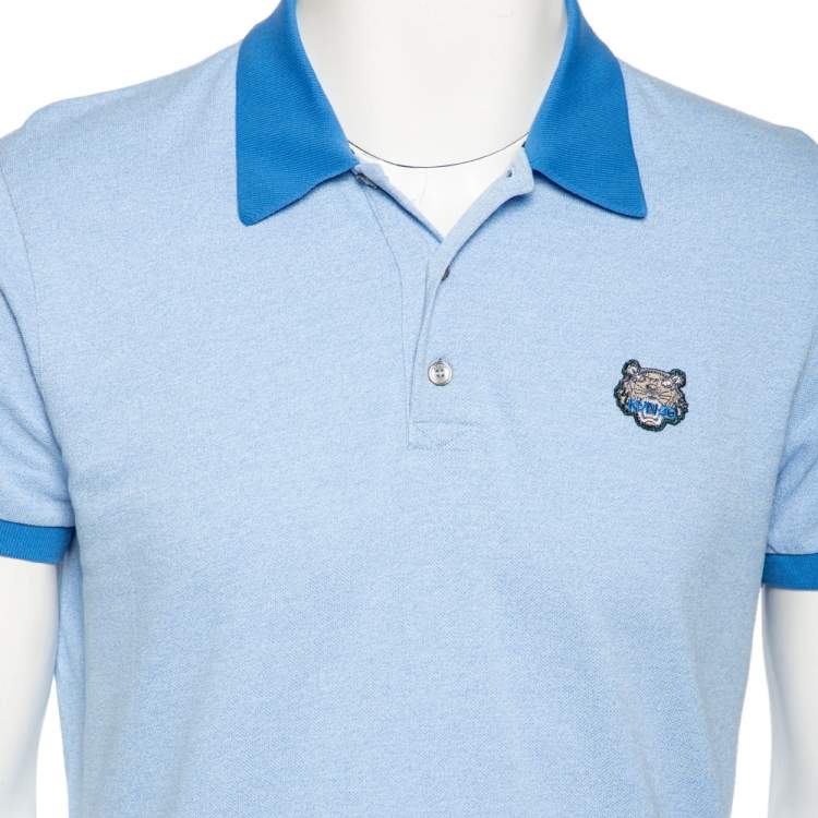 Pre Owned Kenzo Blue Chambray Tiger Motif Appliqued Polo T-Shirt M