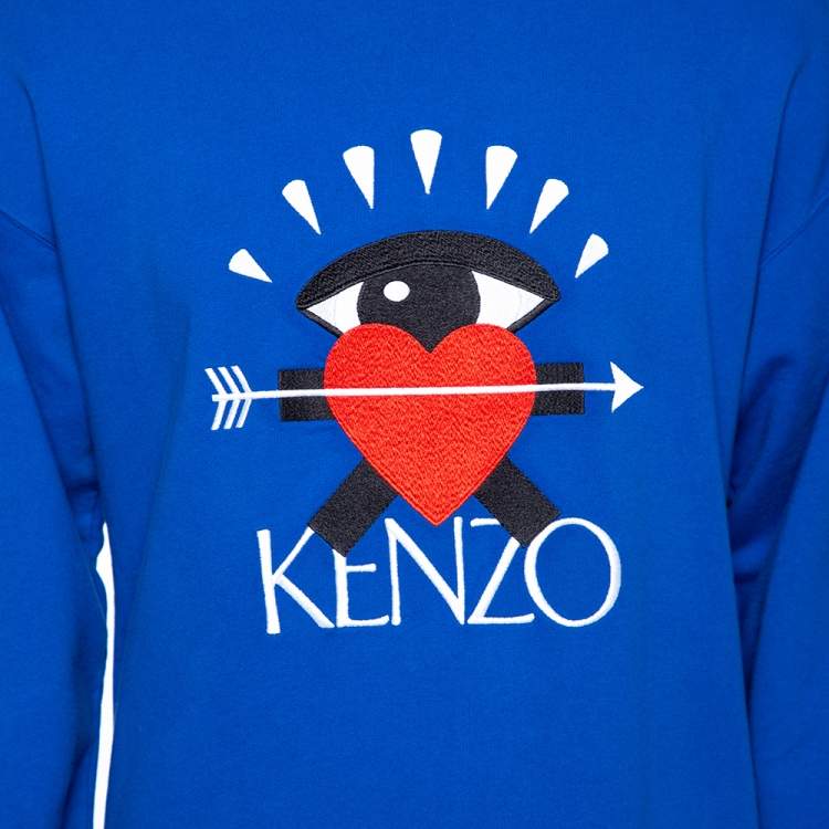 Pre Owned Kenzo Blue Eye Heart Logo Embroidered Cotton Crewneck Sweatshirt L