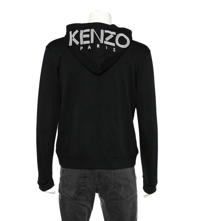 Pre Owned Kenzo Black Cotton Knit Logo Printed Hooded Sweatshirt L