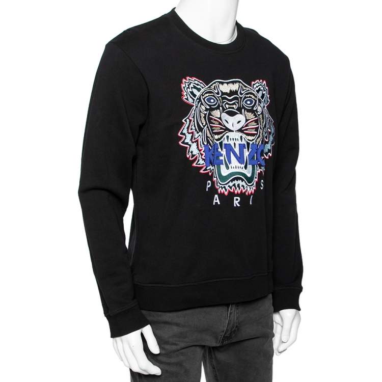 Pre Owned Kenzo Black Cotton Tiger Embroidered Long Sleeve Crewneck Sweatshirt L