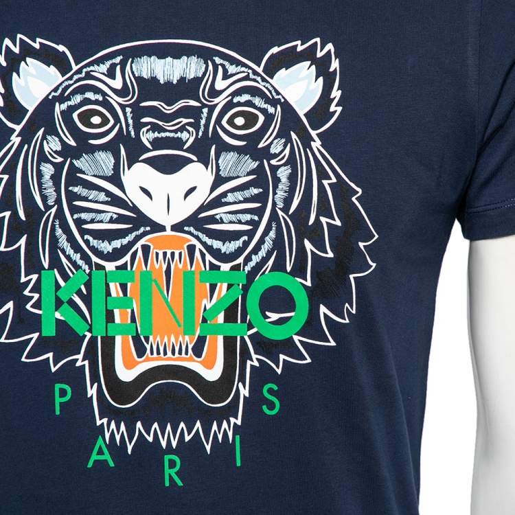 Pre Owned  Kenzo Navy Blue Tiger Printed Cotton Crew Neck Short Sleeve T-Shirt S