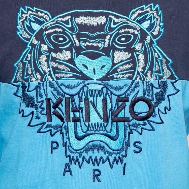 Pre Owned Kenzo Blue Cotton Tiger Embroidered Crew Neck Long Sleeve T-Shirt M