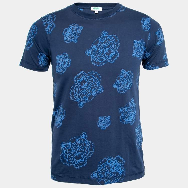 Pre Owned Kenzo Blue Tiger Printed Cotton Round Neck Short Sleeve T-Shirt S