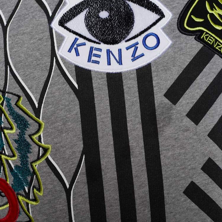 Pre Owned Kenzo Grey Cotton Multi Icon Detail Embroidered Sweatshirt M