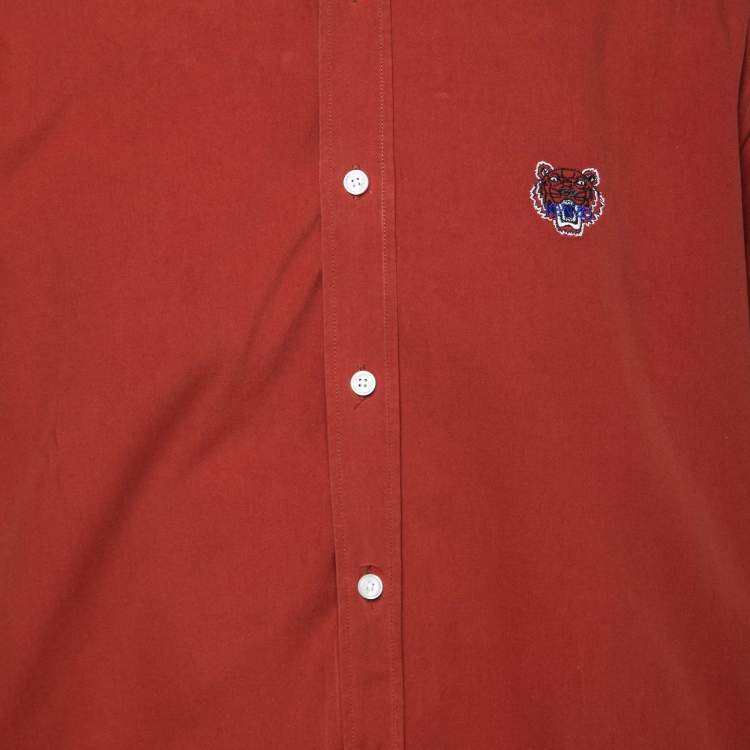 Pre Owned Kenzo Brown Cotton Tiger Embroidered Button Front Long Sleeve Shirt L