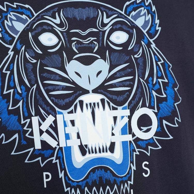 Pre Owned Kenzo Navy Blue Tiger Print Cotton Crew Neck T-Shirt L
