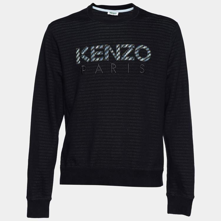 Pre Owned Kenzo Black Striped Pattern Cotton Logo Appliqued Sweatshirt XL