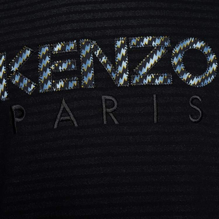 Pre Owned Kenzo Black Striped Pattern Cotton Logo Appliqued Sweatshirt XL