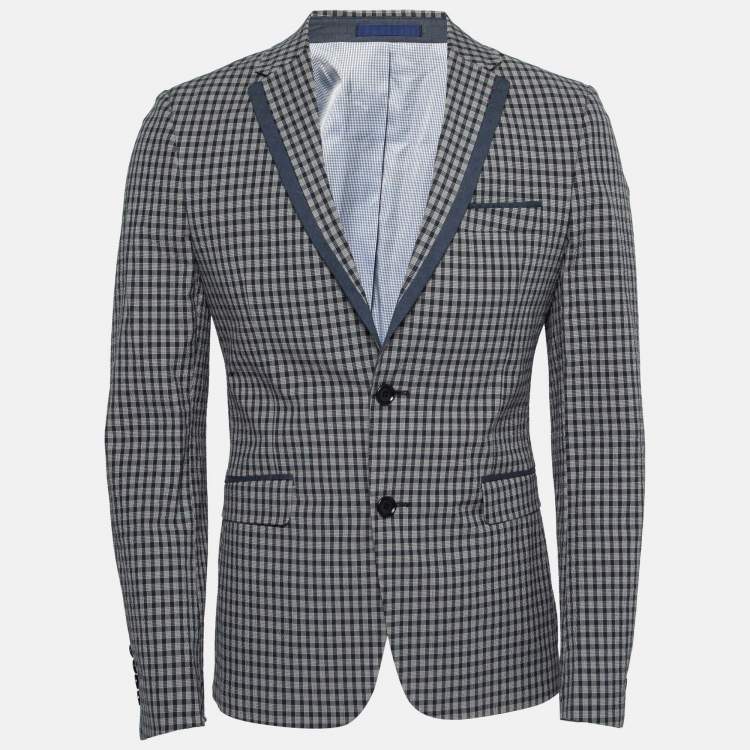 Pre Owned Kenzo Dark Blue Checked Seersucker Cotton Slim Fit Blazer M