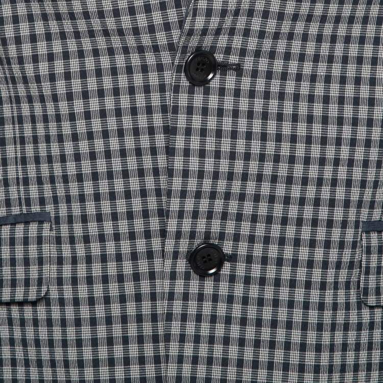 Pre Owned Kenzo Dark Blue Checked Seersucker Cotton Slim Fit Blazer M