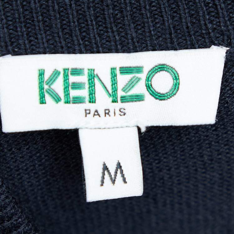 Pre Owned Kenzo Navy Blue Cotton Knit Tiger Logo Embossed Crew Neck Jumper M