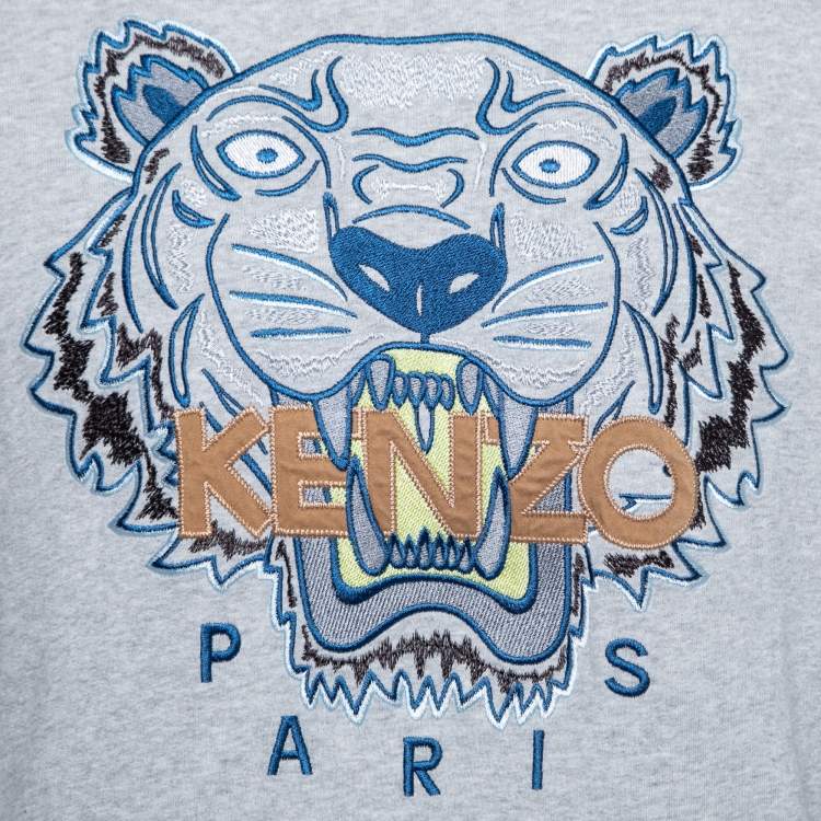 Pre Owned Kenzo Light Grey Tiger-Embroidered Cotton Sweatshirt M