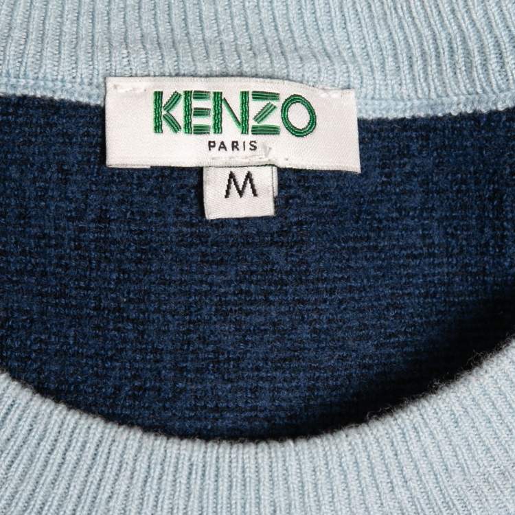 Pre Owned Kenzo Blue Colorblock Wool Logo Patch Sweater M