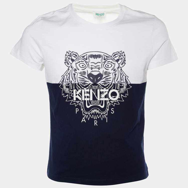 Kenzo Navy & White Colorblock Tiger Print Cotton Crew Neck T-Shirt