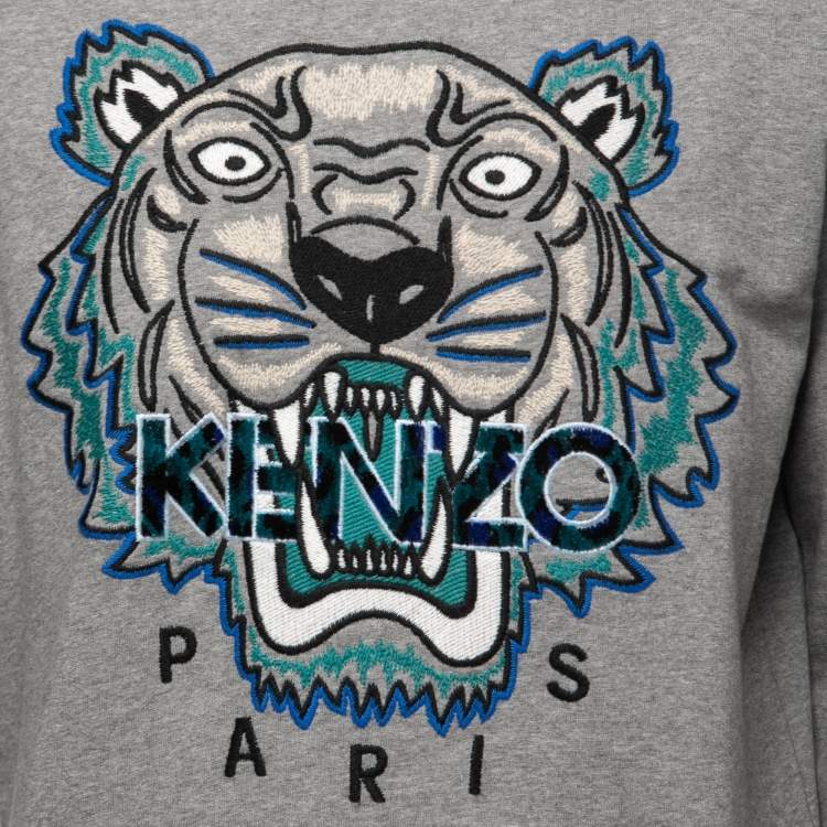 Pre Owned Kenzo Grey Tiger Motif Embroidered Cotton Sweatshirt S