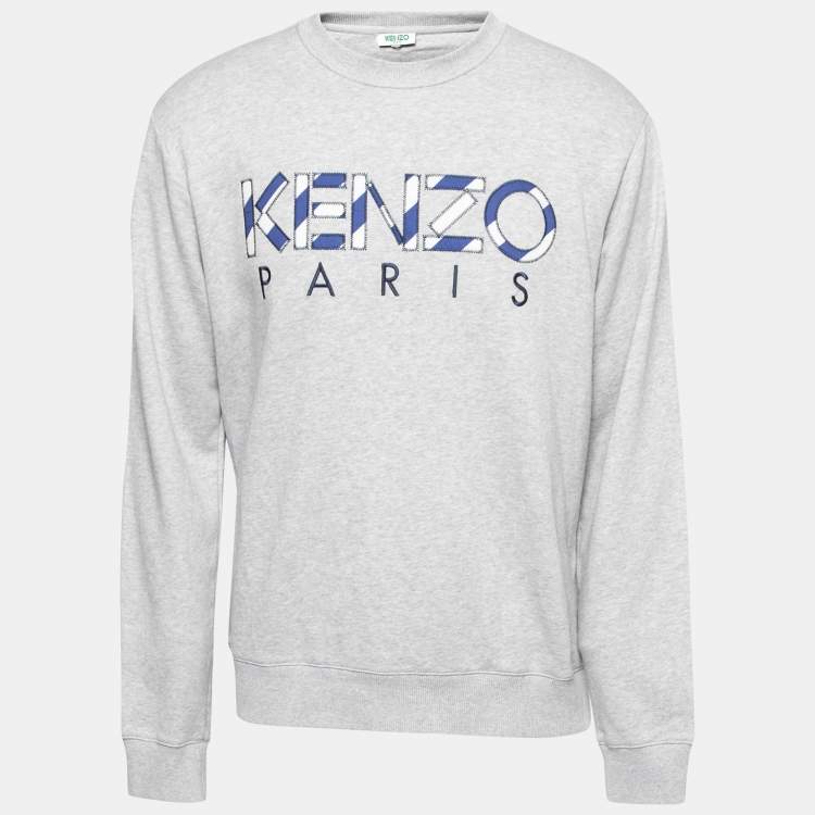 Pre Owned Kenzo Grey Logo Embroidered Cotton Knit Crew Neck Sweatshirt L