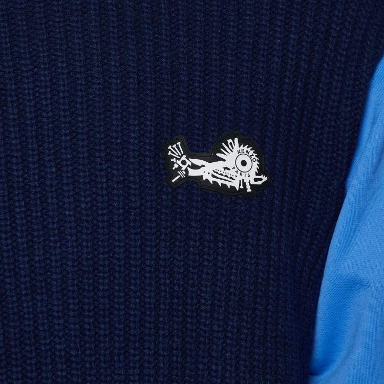 Pre Owned Kenzo Blue Wool Knit Contrast Sleeve Sweater M
