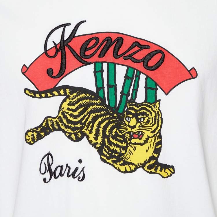 مملوكة مسبقًا Kenzo White Tiger Printed Cotton Contrast Detail T-Shirt XL