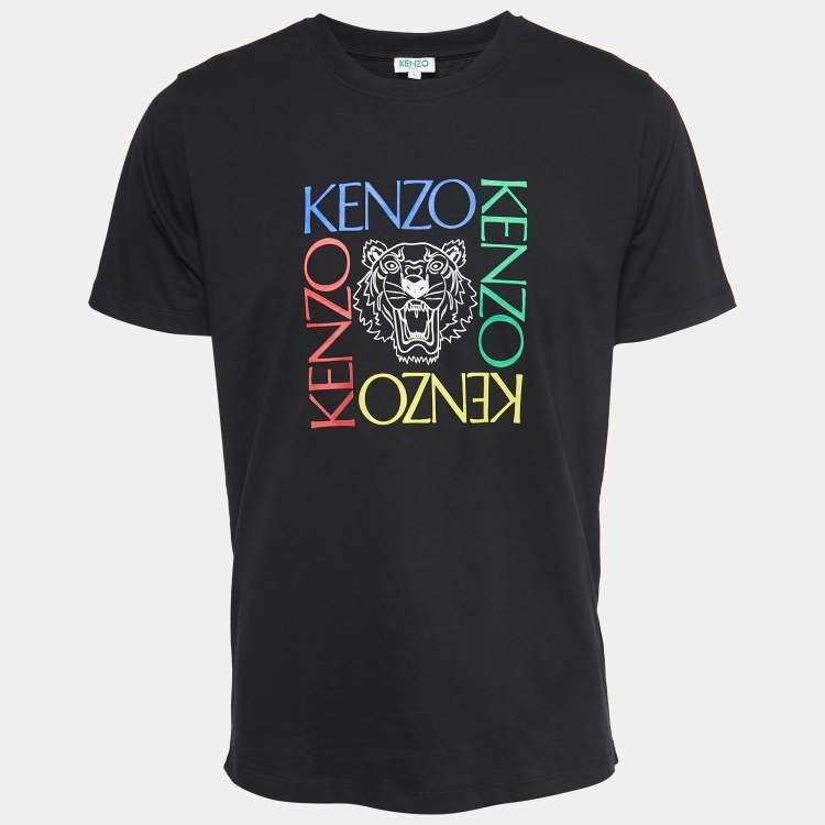 Pre Owned Kenzo Black Logo Print Cotton Crew Neck Half Sleeve T-Shirt L