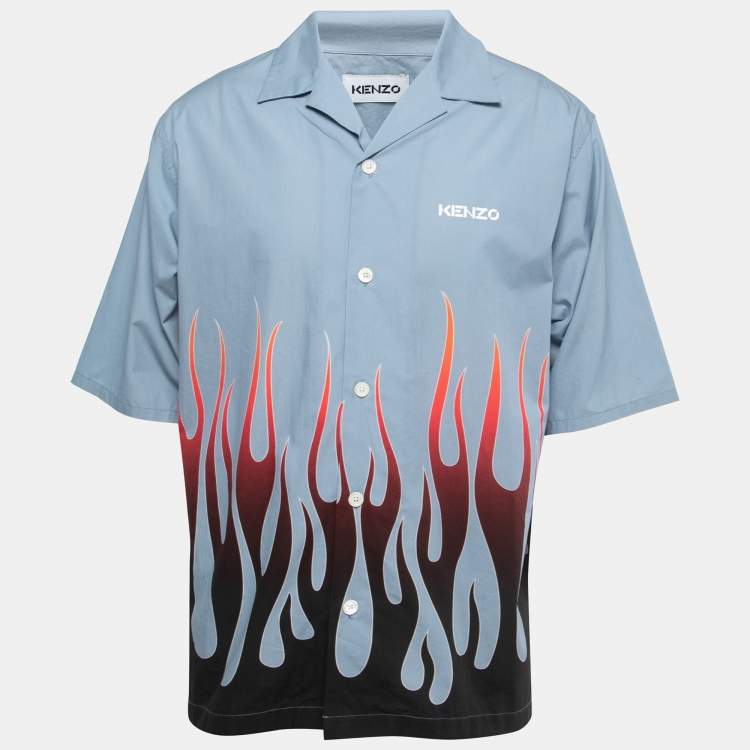 Pre Owned Kenzo Slate Blue Flame Print Cotton Short Sleeve Bowling Shirt L