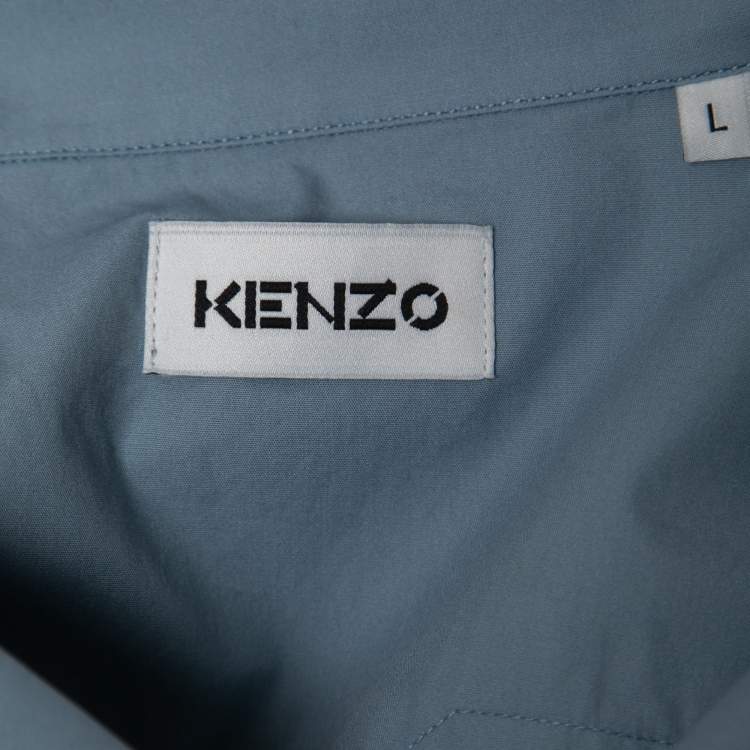 Pre Owned Kenzo Slate Blue Flame Print Cotton Short Sleeve Bowling Shirt L