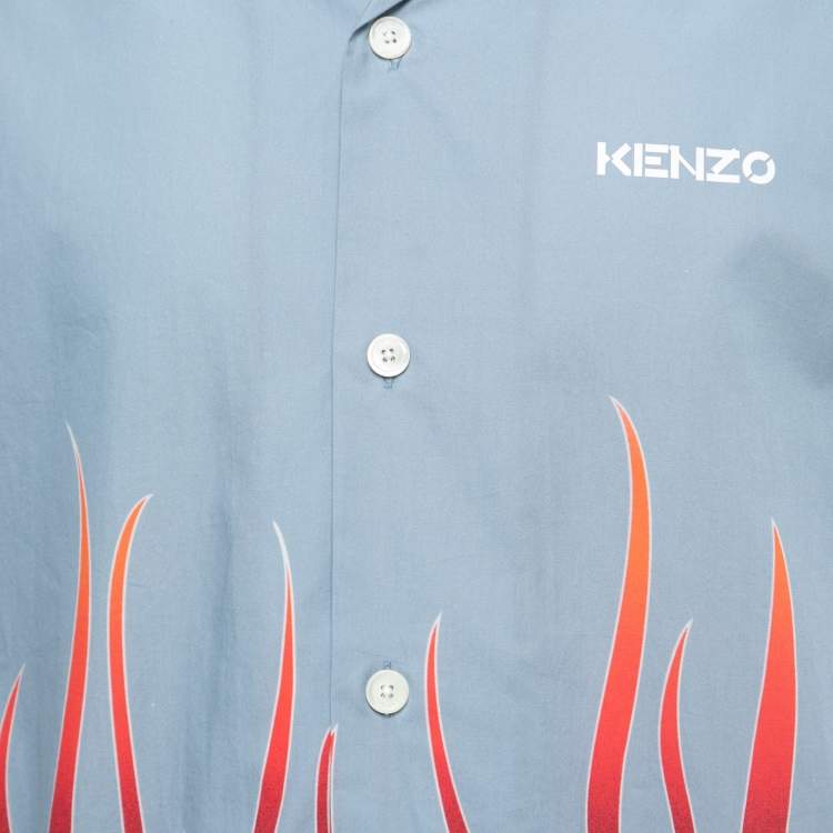 Pre Owned Kenzo Slate Blue Flame Print Cotton Short Sleeve Bowling Shirt L