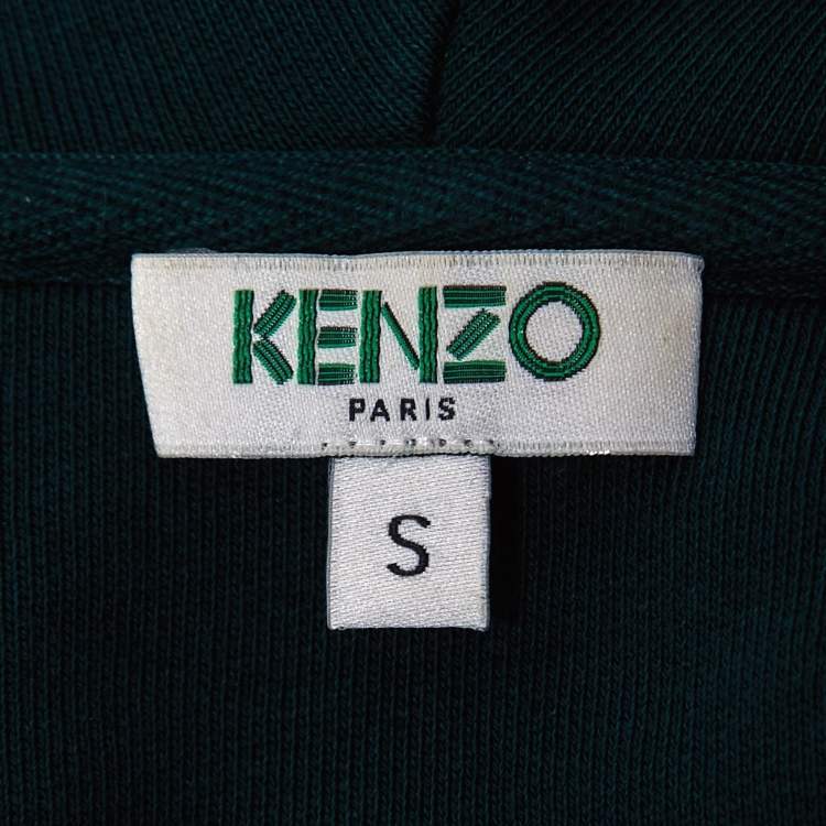 Pre Owned Kenzo Dark Green Logo Print Cotton Zip Front Hooded Jacket S