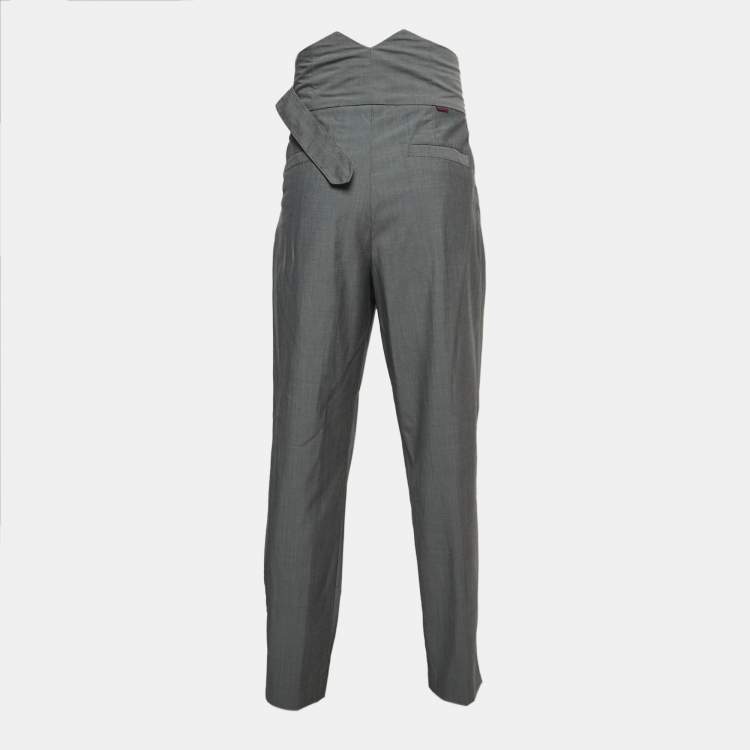 Pre Owned Kenzo Grey Wool Pleated High Waist Belted Trousers L