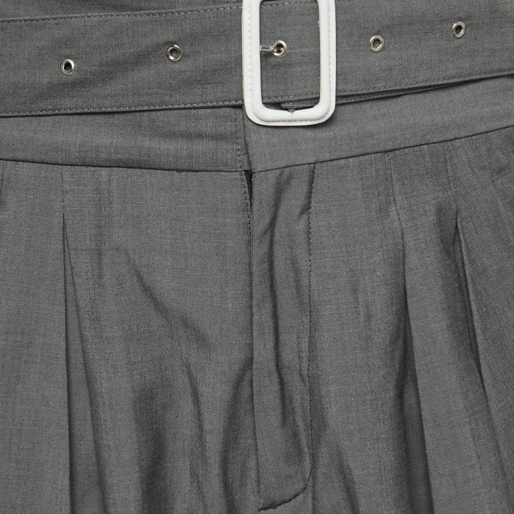 Pre Owned Kenzo Grey Wool Pleated High Waist Belted Trousers L