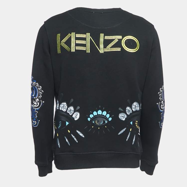 Pre Owned Kenzo Black Logo Embroidered Cotton Zip Detail Sweatshirt L