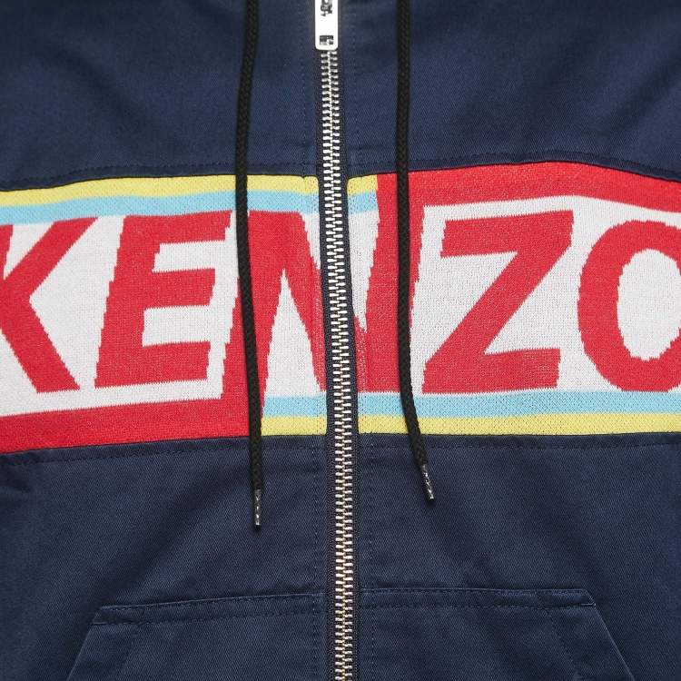 Pre Owned Kenzo Navy Blue Gabardine Logo Detailed Zip Front Hooded Jacket S