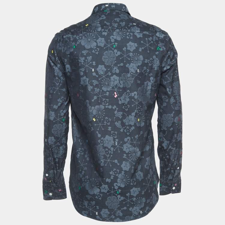 Pre Owned Kenzo Navy Blue Floral Patterned Button Down Full Sleeve Shirt M