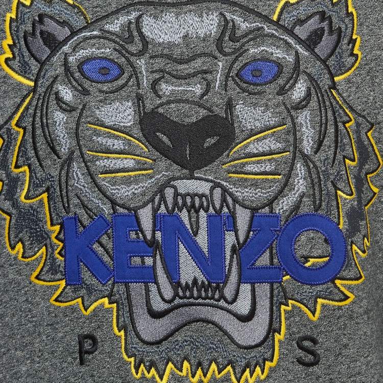 Pre Owned Kenzo Grey Logo Tiger Embroidered Cotton Crew Neck Sweatshirt S