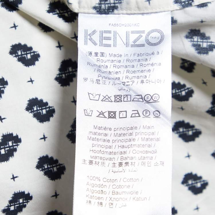 Pre Owned Kenzo White Ikat Print Cotton Slim Fit Long Sleeve Shirt M